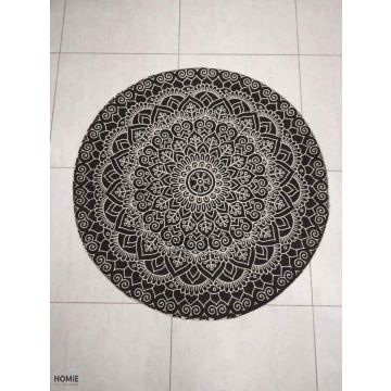 שטיח מנדלה עגול וינטג' גיאומטרי כותנה דקורטיבי איכותי לסלון, לחדר שינה, לחדר ילדים, למטבח ושאר חלל הבית דגם סמרה בצבע שחור.