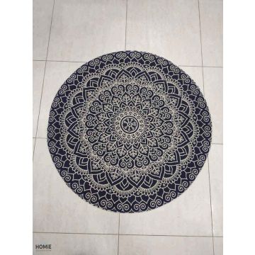 שטיח מנדלה עגול וינטג' גיאומטרי כותנה דקורטיבי איכותי לסלון, לחדר שינה, לחדר ילדים, למטבח ושאר חלל הבית דגם סמרה בצבע כחול.
