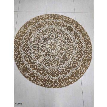 שטיח מנדלה עגול וינטג' גיאומטרי כותנה דקורטיבי איכותי לסלון, לחדר שינה, לחדר ילדים, למטבח ושאר חלל הבית דגם סמרה בצבע אבן. 