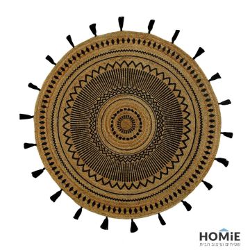 שטיח חבל (יוטה) טבעי עגול גיאומטרי שבטי מנדלה מודרני עבודת יד דגם פורטו 03.