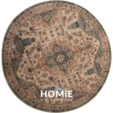 שטיח עגול וינטג' ירוק־בז' עם מדליון, דגם קוויבק 66 – מוצג בשלמותו, שטיח עגול בסגנון קלאסי עם משטח נגד החלקה