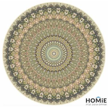 שטיח גומי טבעי עגול למטבח וינטג' מנדלה ירוק, בז' כחול דגם מדריד 42. 