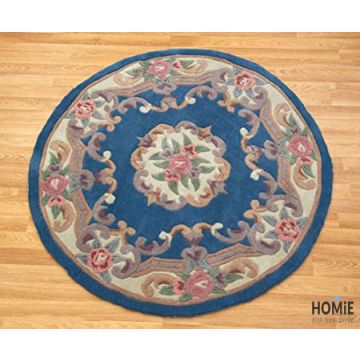 שטיח סיני עגול קלאסי צמר עבודת יד סופר יוקרתי לסלון, לחדר שינה, למטבח ושאר חלל הבית בצבע כחול