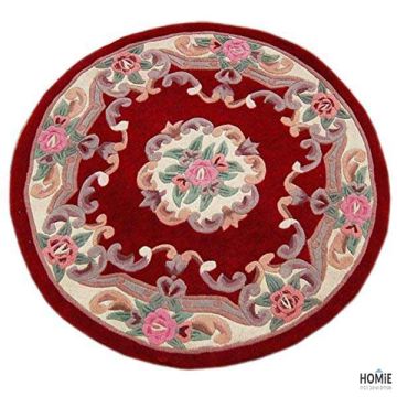 שטיח סיני עגול מצמר ניו זילנדי בעבודת יד בצבע אדום בקוטר 183 ס"מ – מבט מלא