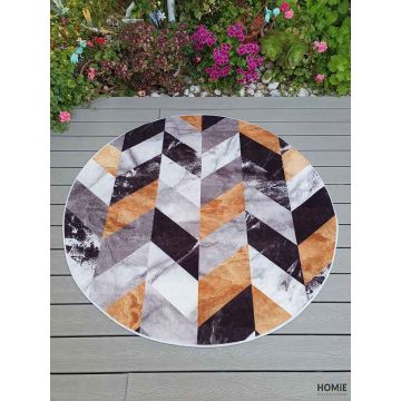 שטיח עגול גיאומטרי אבסטרקטי מודרני צורות א-סימטריות לסלון דגם סנט אטיין בצבע שחור, חרדל ואפור.