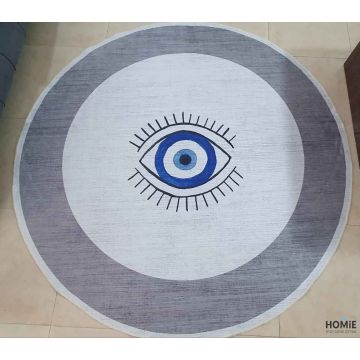 שטיח עגול גיאומטרי אבסטרקטי כותנה איכותי עין כחולה דגם לטיסיה 5551 בצבע אפור כחול לסלון, לחדר שינה, למסדרון, לאמבטיה, לפינת אוכל, למטבח, לחדר עבודה ולמשרד.