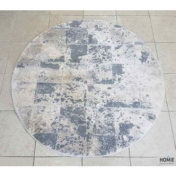 שטיח עגול גיאומטרי (בסגנון טלאים) אבסטרקטי איכותי לסלון, לחדר שינה, למטבח ושאר חלל הבית בצבע אפור, שמנת ובז'