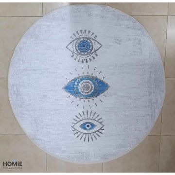 שטיח עגול וינטג' אבסטרקטי כותנה עיניים כחולות דגם לטיסיה 5554 בצבע אפור טורקיז לסלון, לחדר שינה, למסדרון, לאמבטיה, לפינת אוכל, למטבח, לחדר עבודה ולמשרד.