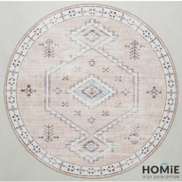 שטיח עגול וינטג' מודרני שבטי מדליונים בצבעי בז' תכלת דגם אנטוניו 07 לסלון ושאר הבית.