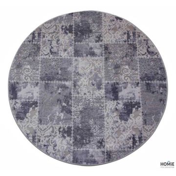 שטיח עגול וינטג' טלאים גיאומטרי יוקרתי לסלון, לחדר שינה, למטבח ושאר חלל הבית דגם זאוס 58B בצבע אפור. 