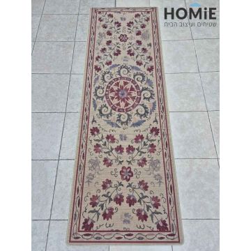 שטיח גומי למטבח בסגנון רטרו כפרי עם דוגמת מדליון פרחונית צבעונית – דגם מדריד 76 - מוצג בשלמותו על הרצפה
