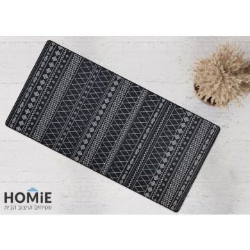 שטיח גומי טבעי דגם מדריד 16 בעיצוב גיאומטרי שבטי בצבע שחור לבן למטבח ולבית - תצוגה מלאה של השטיח
