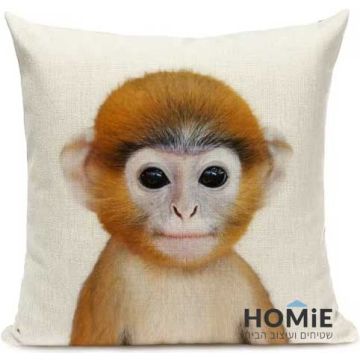 כרית נוי מרובעת בגודל 45×45 ס"מ עם הדפס קוף חמוד, עיצוב ייחודי לבית, מתאימה לסלון, חדר שינה או חדר ילדים.