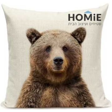 כרית נוי דוב גריזלי – הדפס ריאליסטי של דוב במבט רגוע, פרווה עשירה וגווני חום ובז’