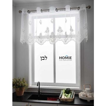 וילון כותרת לבן וינטג' קלאסי פרחוני רקמה שקוף לסלון ושאר חלל הבית דגם פרנסיס.