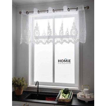 וילון כותרת לבן וינטג' קלאסי פרחוני רקמה שקוף דגם לזלי. הוילון יתאים לסלון ושאר הבית.