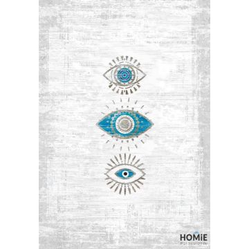 שטיח כותנה וינטג' אבסטרקטי איכותי עיניים כחולות דגם לטיסיה 5554 בצבע אפור טורקיז לסלון, לחדר שינה, למסדרון, לאמבטיה, לפינת אוכל, למטבח, לחדר עבודה ולמשרד.