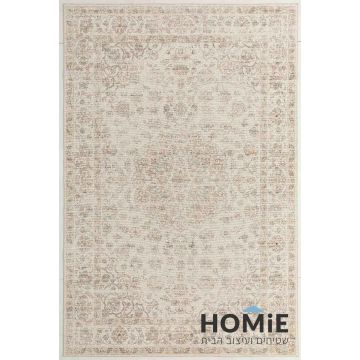 "שטיח וינטג' קלאסי פרחוני דגם ארתור 10 בצבע בז' בהיר, עם דוגמת מדליון מרכזית ופרחים עדינים - מוצג בשלמותו