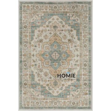 שטיח לסלון וינטג' אתני דגם ארתור 04 בצבעי טורקיז ובז', מוצג במלואו 