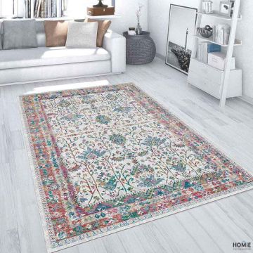 שטיח כותנה וינטג' פרחוני ורוד טורקיז דגם לטיסיה 2033 לסלון - תצוגה מלאה.