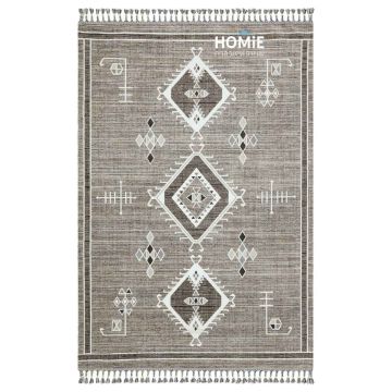שטיח כותנה וינטג' גיאומטרי אתני מעויינים אפור דגם אניגמה. 