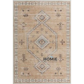 שטיח וינטג' מודרני אתני דגם ארתור 02 בצבעי בז' ותכלת, מונח בשלמותו, עם מדליונים אתניים ויוקרתי