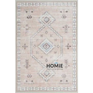 שטיח וינטג' מודרני שבטי מדליונים בז' תכלת דגם אנטוניו 07 לסלון – נראה בשלמותו