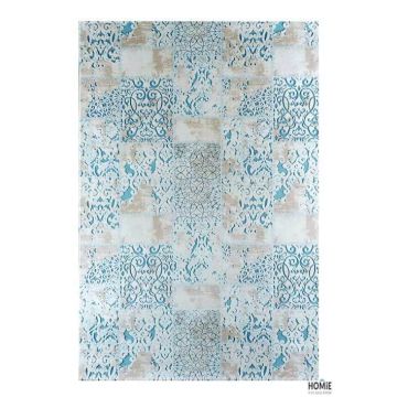 שטיח וינטג' טלאים גיאומטרי יוקרתי לסלון, לחדר שינה, לחדר ילדים, למטבח ושאר חלל הבית דגם זאוס 58J בצבע תכלת, בז' ושמנת.