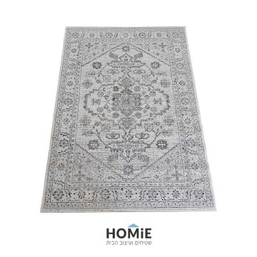 שטיח חבל וינטג' מדליון פרחוני דגם וויסטלר 17/260 איכותי לסלון, לחדר שינה, למטבח ושאר חלל הבית בצבע שמנת, אפור ושחור. 