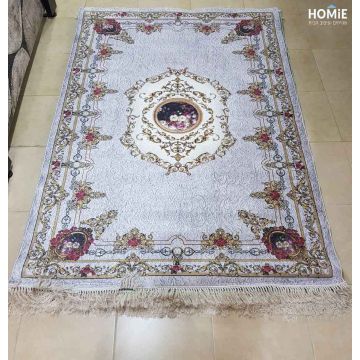 שטיח וינטג' מודרני-קלאסי מדליון פרחוני אפור בהיר סגול דגם מסאי 1704. השטיח האיכותי מתאים לסלון, לחדר שינה, לחדר ילדים, לאמבטיה, למטבח, למסדרון, לפינת אוכל, לחדר עבודה ולמשרד. 