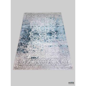 שטיח לסלון וינטג' מודרני דגם ג'סיקה 017/953 בגווני אפור וטורקיז, מוצג במלואו עם דוגמה קלאסית במראה שטוף ולא אחיד