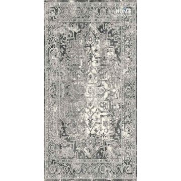 שטיח וינטג' משופשף מדליון מודרני יוקרתי דגם אלכסנדרה 22/35 בצבע אפור, שחור ושמנת. 