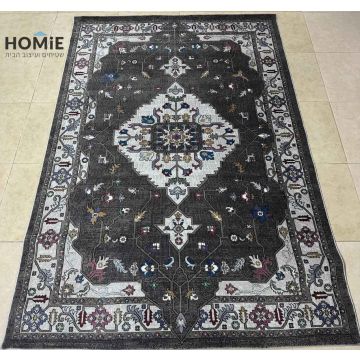 שטיח וינטג' קלאסי מודרני מדליון פרחוני אפור כהה ובהיר דגם סוהו 03. השטיח היוקרתי מתאים לסלון ושאר חלל הבית. 