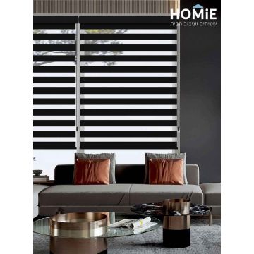 וילון גלילה זברה שחור לסלון ושאר חלל הבית דגם הארפר - צבע שחור מוצג במלואו