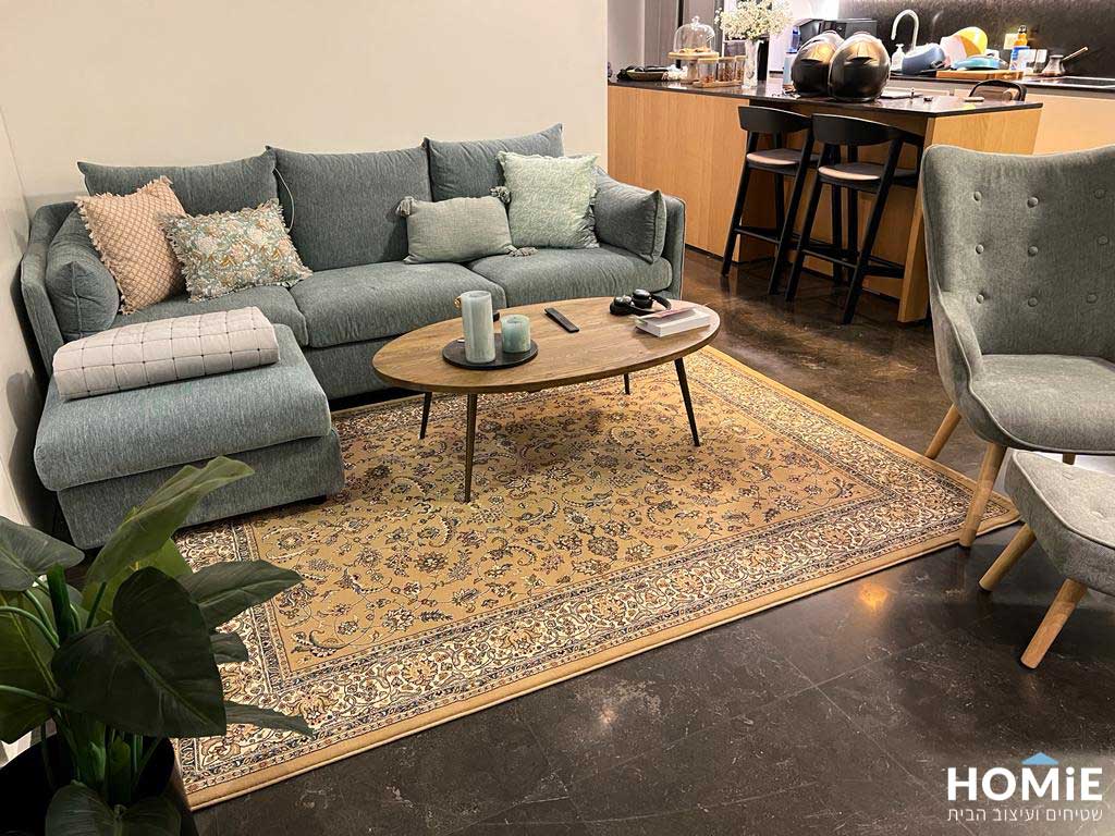 שטיח לסלון קלאסי בז' טורקיז פרחוני בלגי