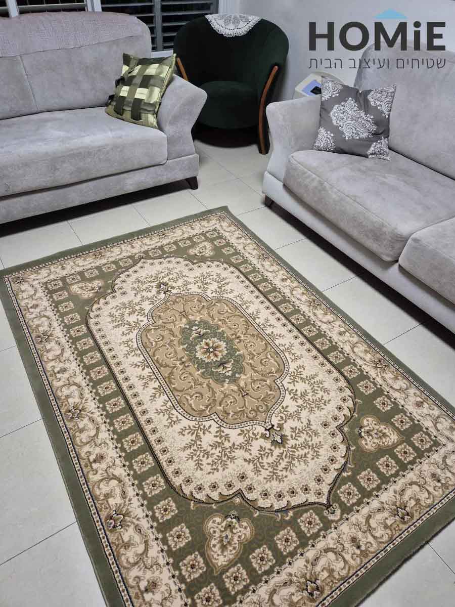 שטיח סלון קלאסי בלגי ירוק בז' מדליונים פרחוני