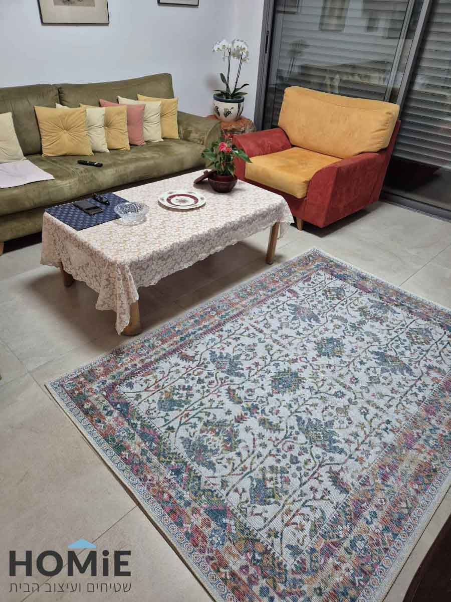 שטיח וינטג' פרחוני לסלון בגוונים עשירים, עשוי כותנה