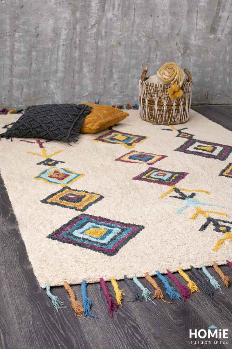 שטיח סלון גיאומטרי מעויינים צבעוני כותנה עבודת יד