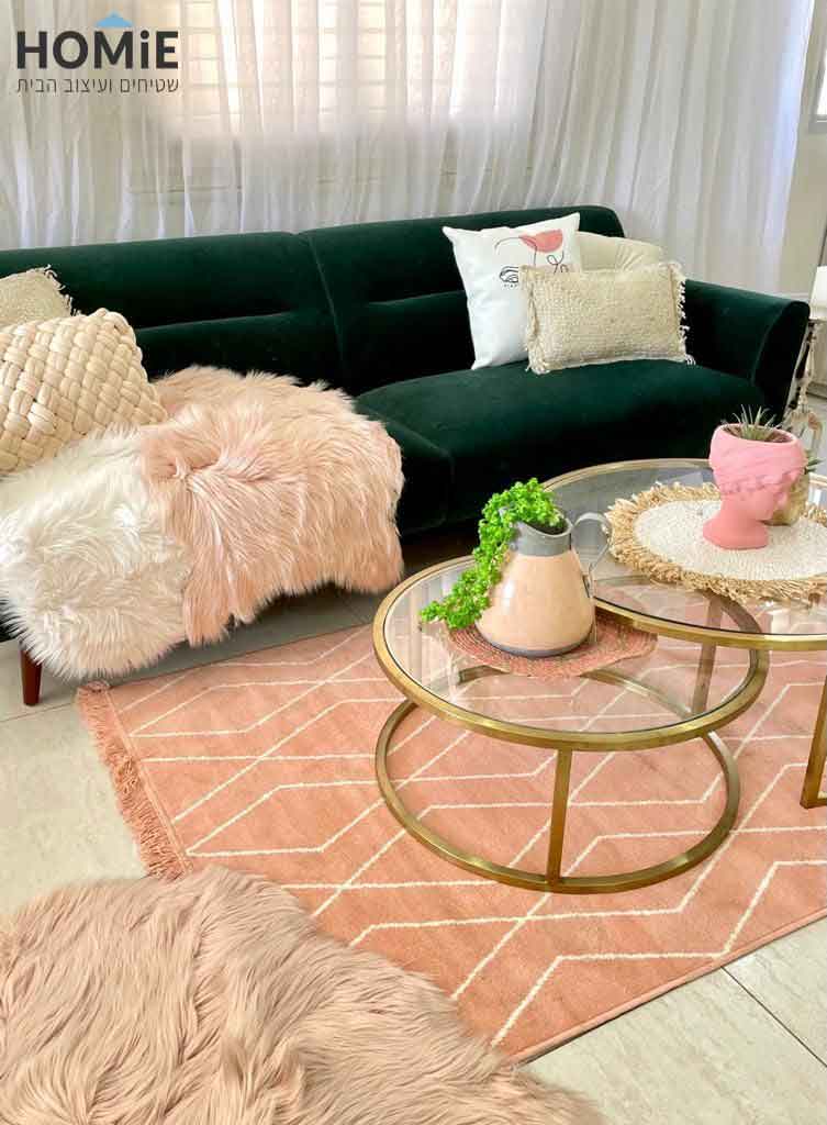 שטיח שאגי כותנה גיאומטרי מעויינים לסלון בצבע ורוד