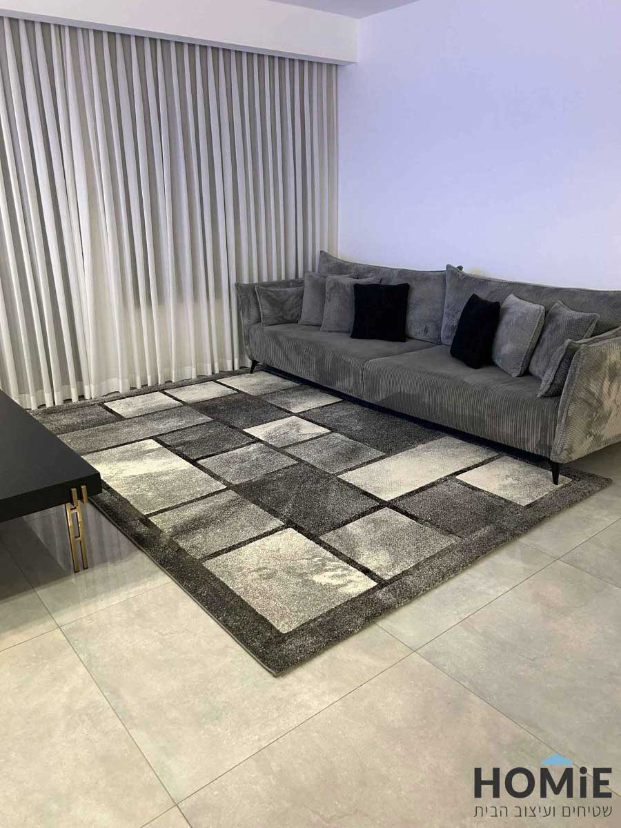 שטיח סלון מודרני גיאומטרי מרובעים אפור שחור